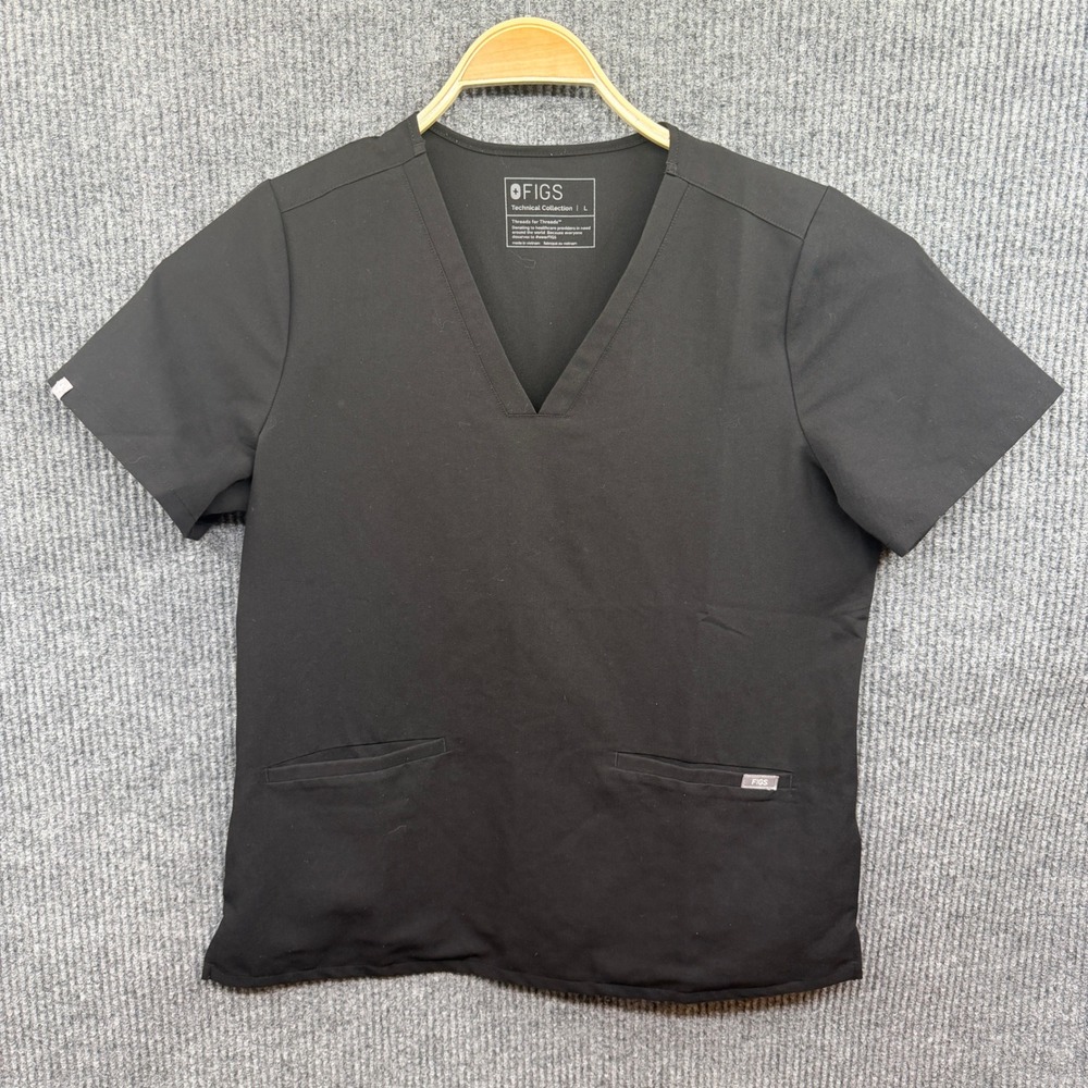FIGS Casma Scrub Top Women Large Black V-Neck Short Sleeve FW1100 Technical
